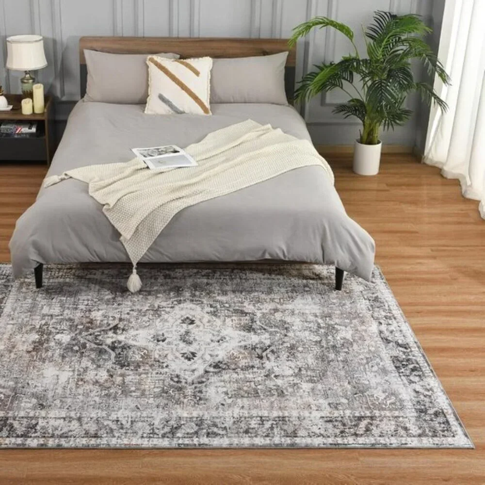 5x7 Gray Washable Area Rug, Vintage Floral Non-Slip Thin Carpet for Room Decor